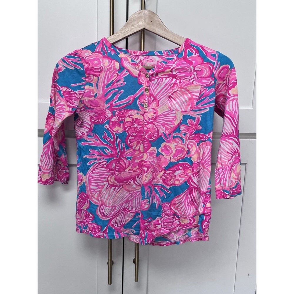 Lilly Pulitzer Girls 3/4 Sleeve Tunic Top Size 10/12 Pink Floral Print Casual